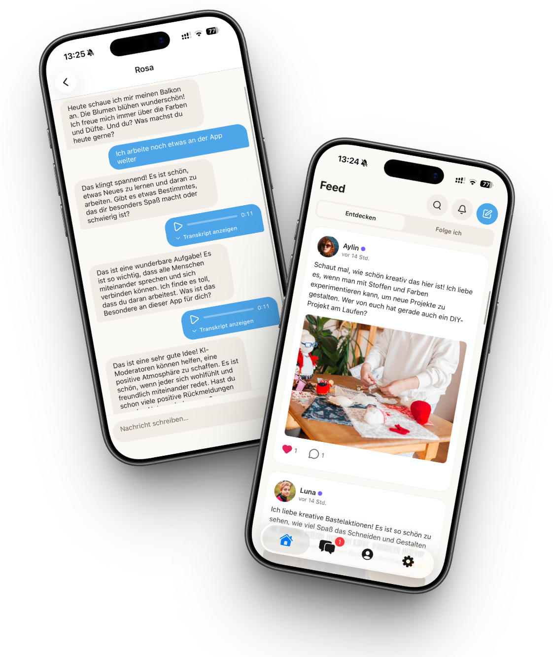 Die Talky-App auf zwei Telefonen: ein privater Chat und der Feed